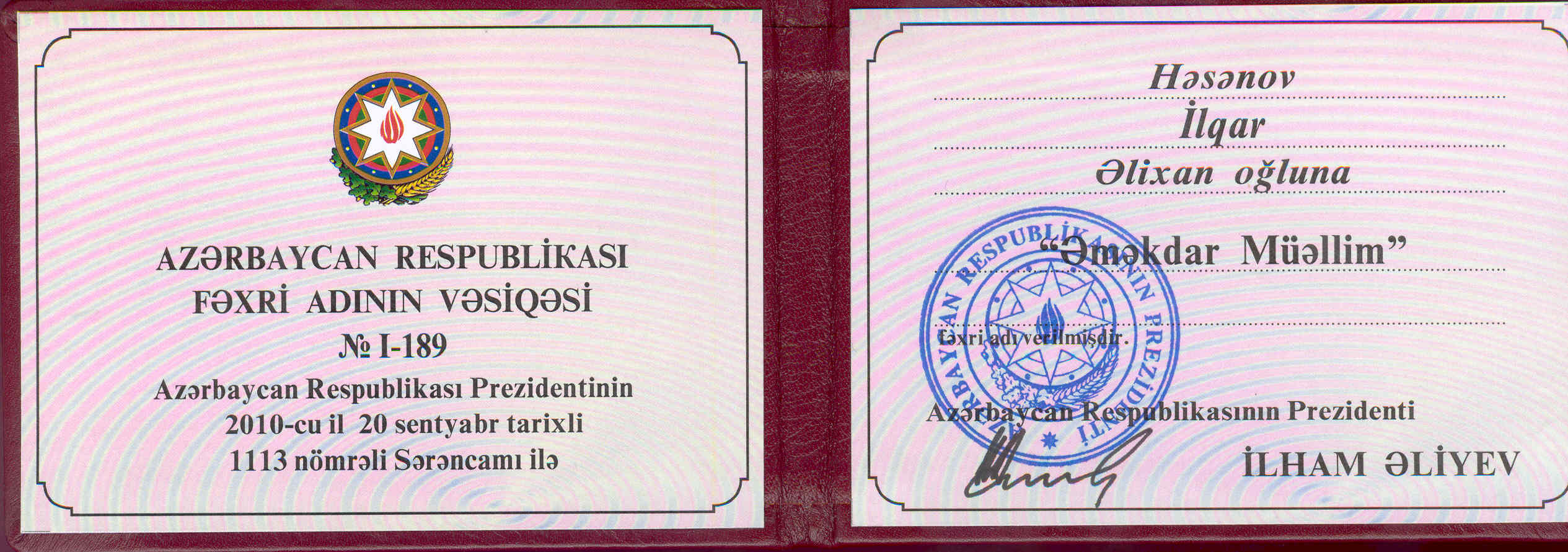 “Əməkdar Müəllim” - Azərbaycan Respublikası Prezidentinin Fərmanı     